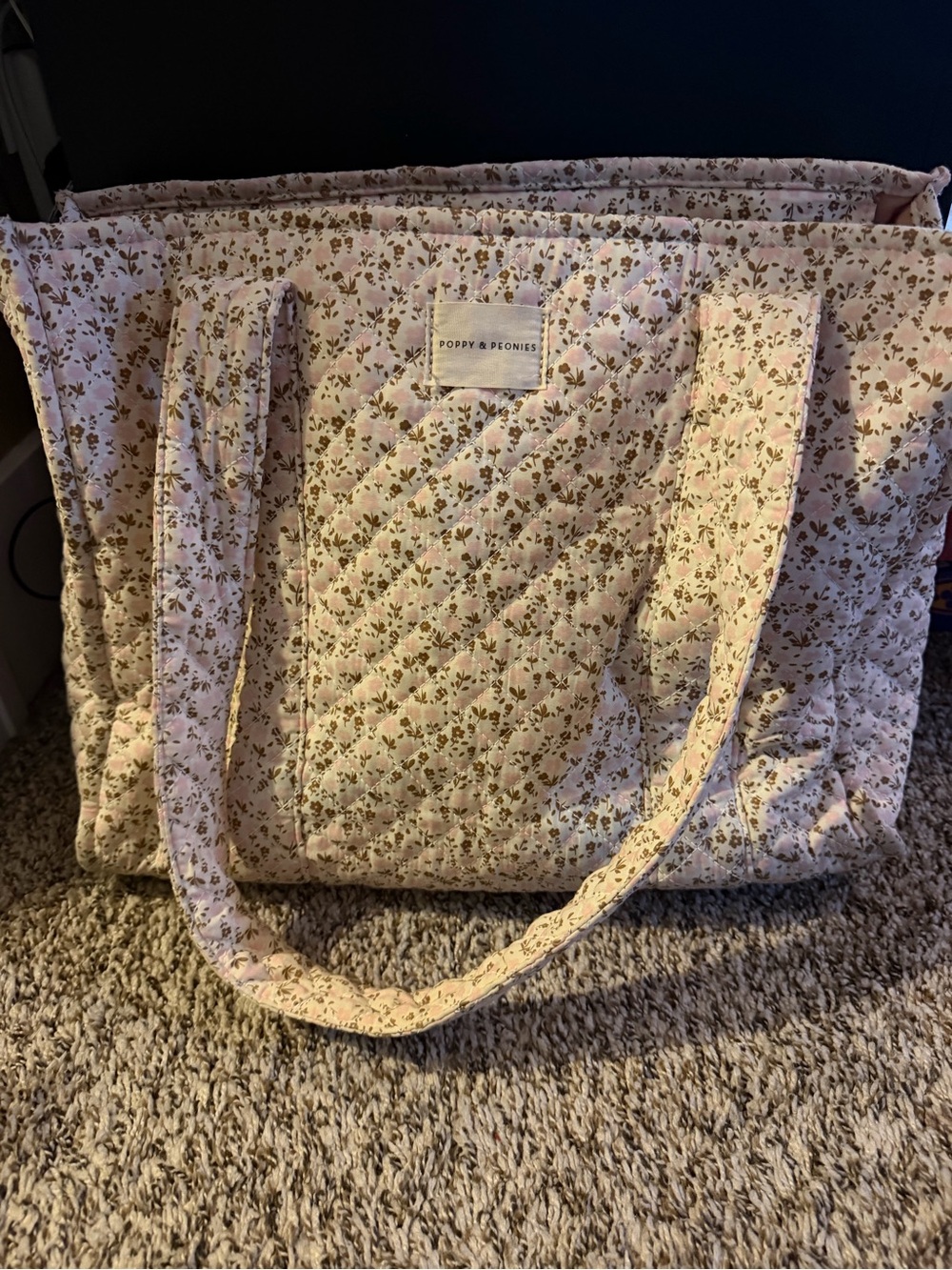 Poppy & Peonies Quilted Floral Tote in Light Pink and Brown